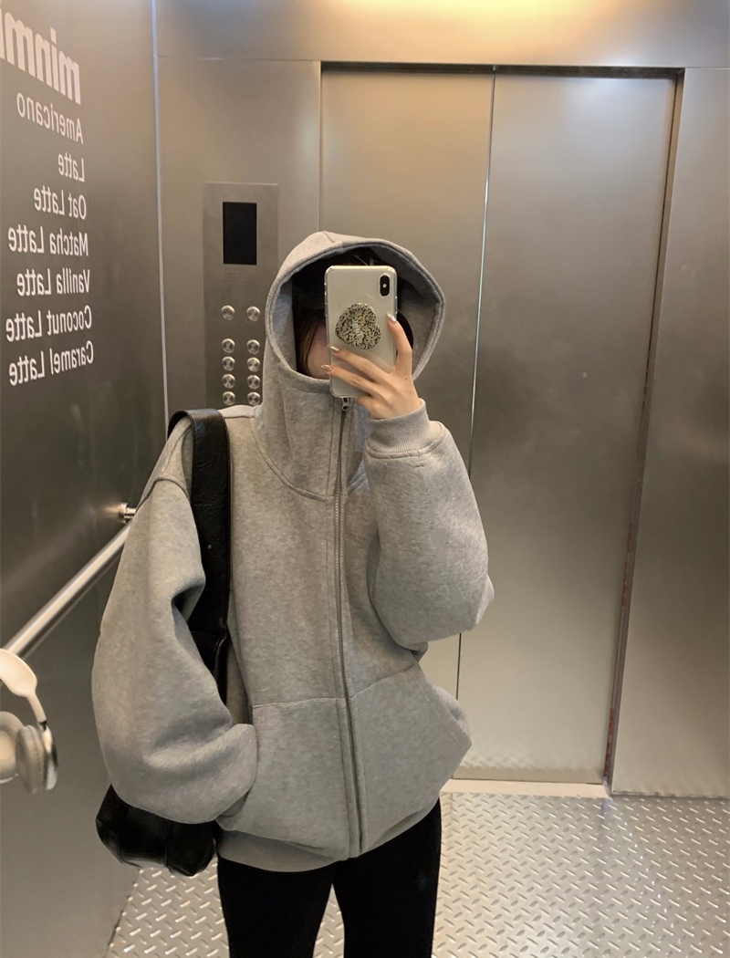 Hooded cstand collar gray big lazy hoodie