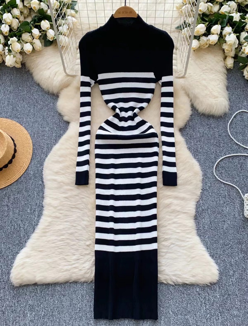 Slim stripe knitted Korean style long sleeve dress