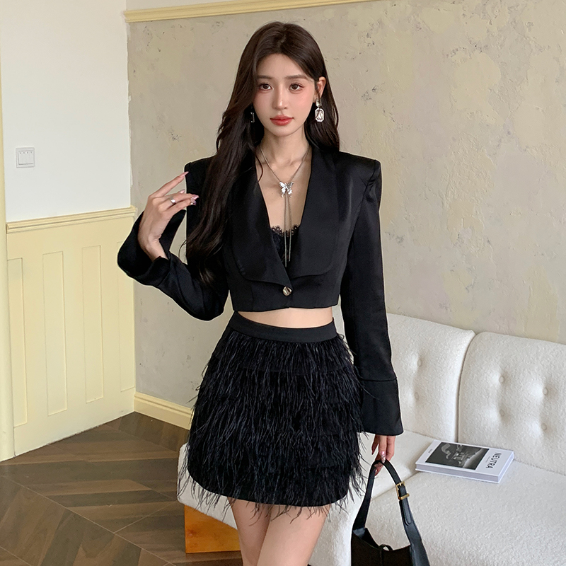 Lapel black business suit long sleeve Korean style coat