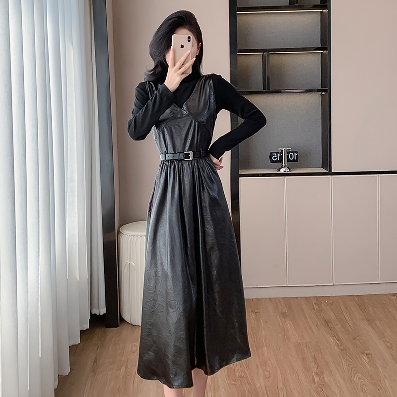 Fashion bottoming shirt simple belt 2pcs set