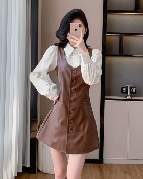 Korean style sleeveless dress apricot shirt 2pcs set