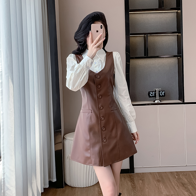 Korean style sleeveless dress apricot shirt 2pcs set