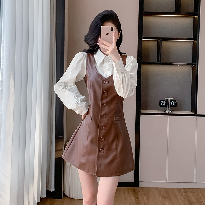 Korean style sleeveless dress apricot shirt 2pcs set