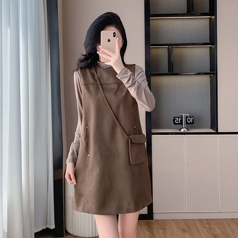 Leather cashmere bottoming shirt dress 2pcs set