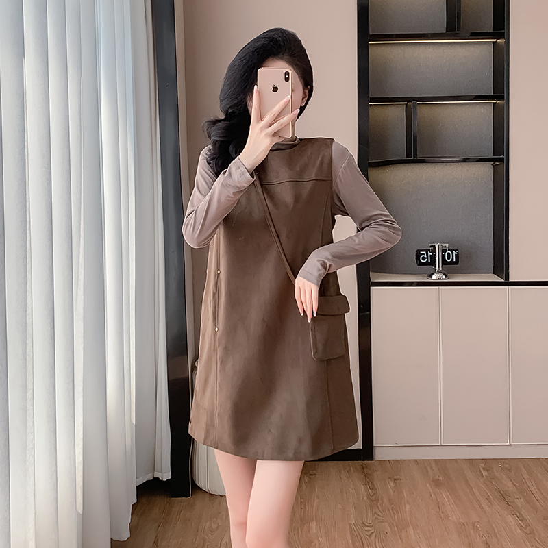 Leather cashmere bottoming shirt dress 2pcs set