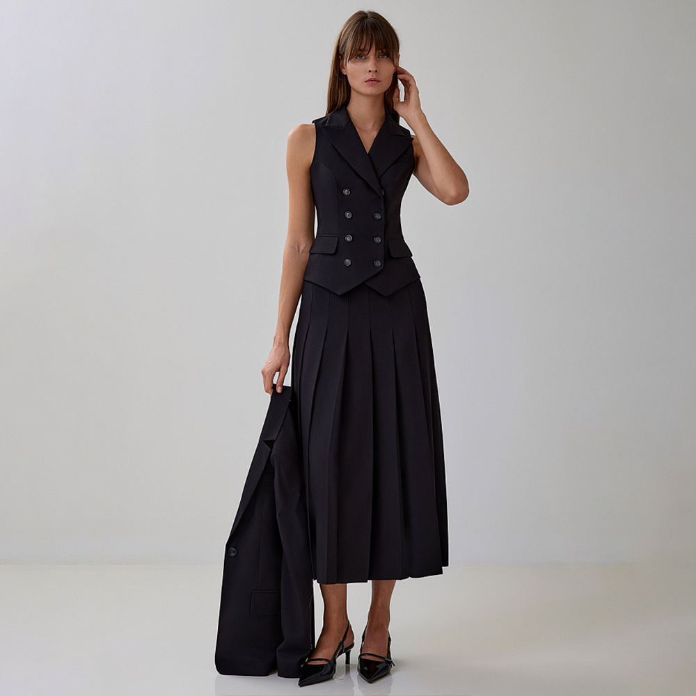 Temperament waistcoat pleated long skirt 2pcs set