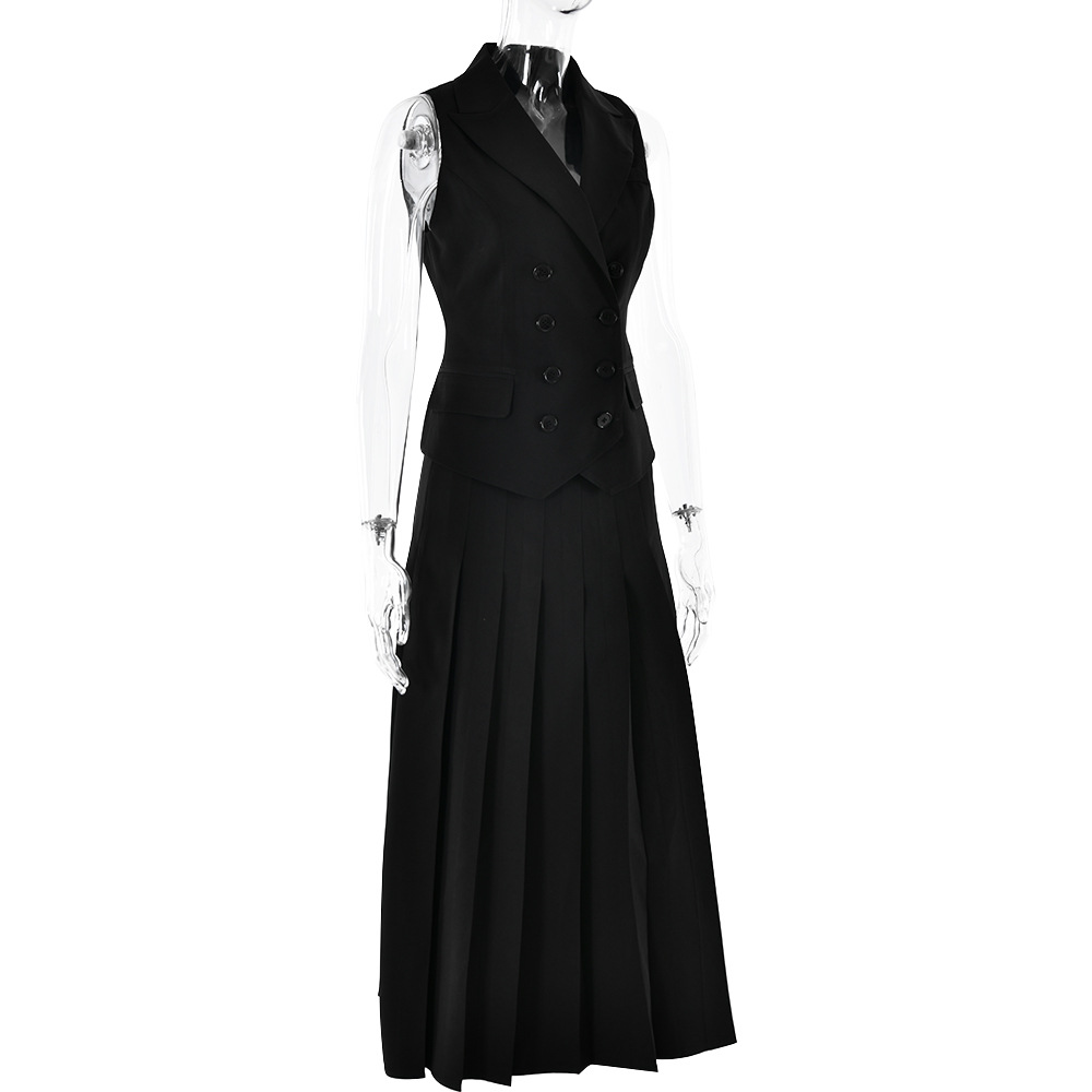 Temperament waistcoat pleated long skirt 2pcs set