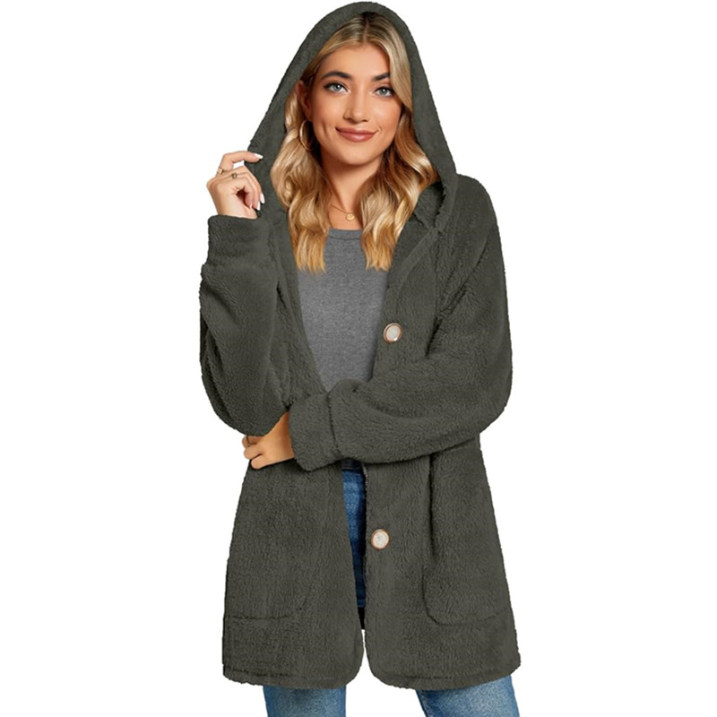 Casual European style cardigan plush hooded coat for women