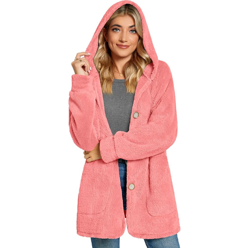 Casual European style cardigan plush hooded coat for women