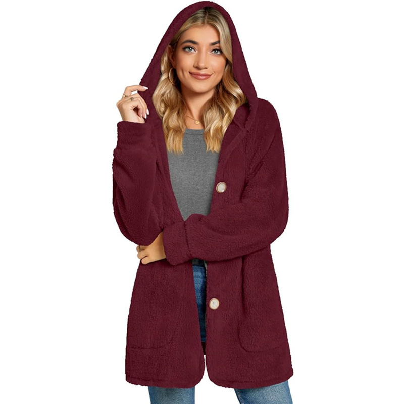 Casual European style cardigan plush hooded coat for women