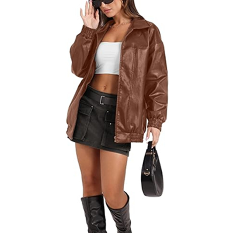 Pocket zip lapel coat long sleeve Casual PU leather coat