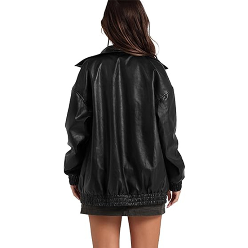 Pocket zip lapel coat long sleeve Casual PU leather coat