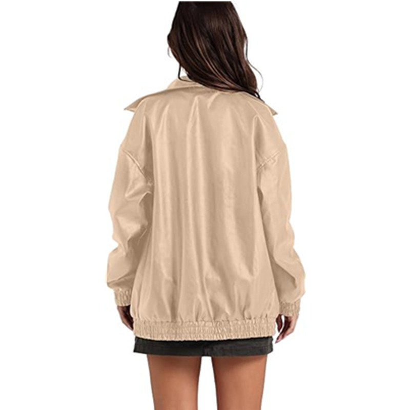 Pocket zip lapel coat long sleeve Casual PU leather coat