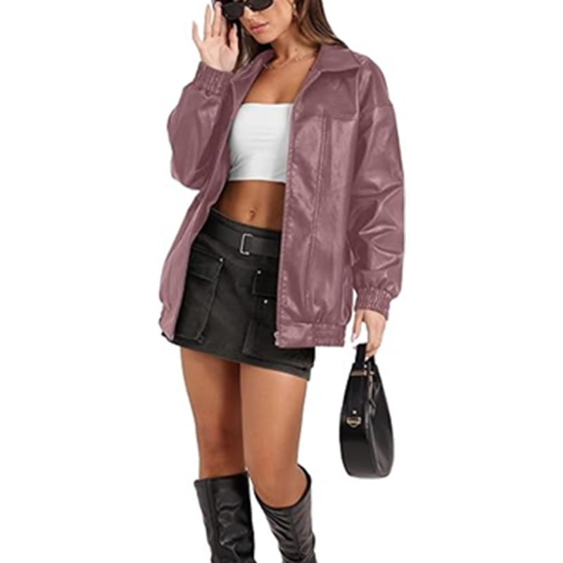 Pocket zip lapel coat long sleeve Casual PU leather coat