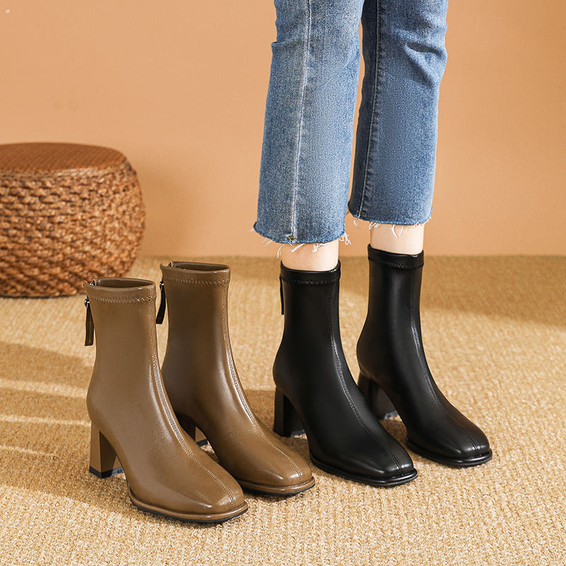 High-heeled autumn and winter boots thick square head half Boots