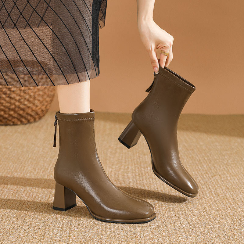 High-heeled autumn and winter boots thick square head half Boots