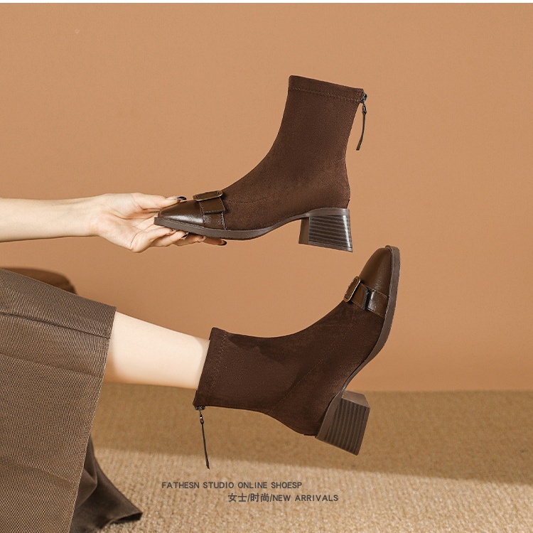 Retro square head short boots thick women's boots for women