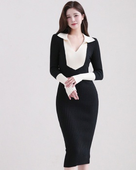 Slim Korean style package hip T-back lapel splice dress