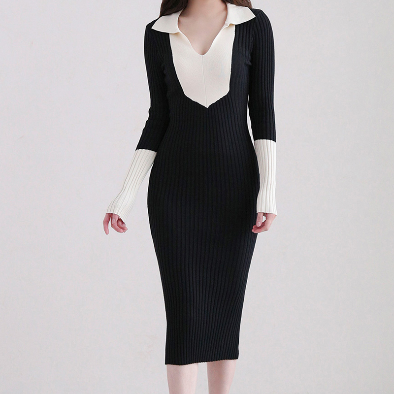 Slim Korean style package hip T-back lapel splice dress