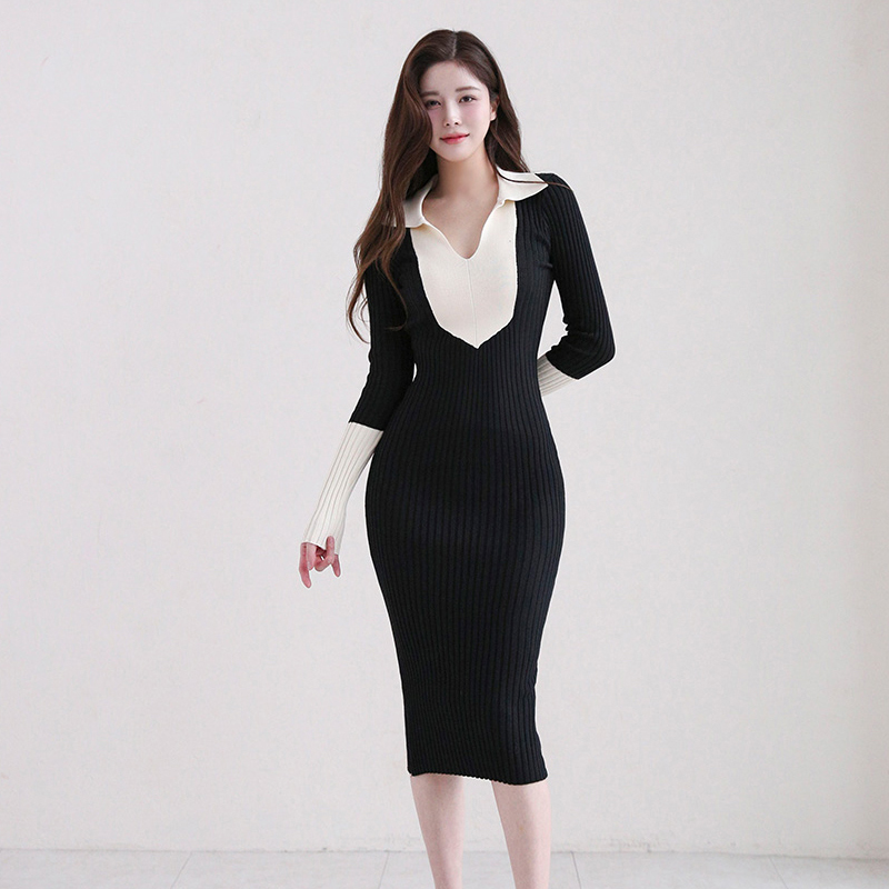 Slim Korean style package hip T-back lapel splice dress