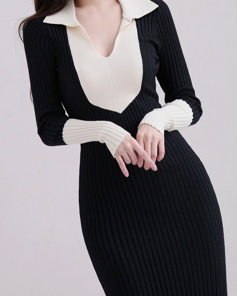 Slim Korean style package hip T-back lapel splice dress