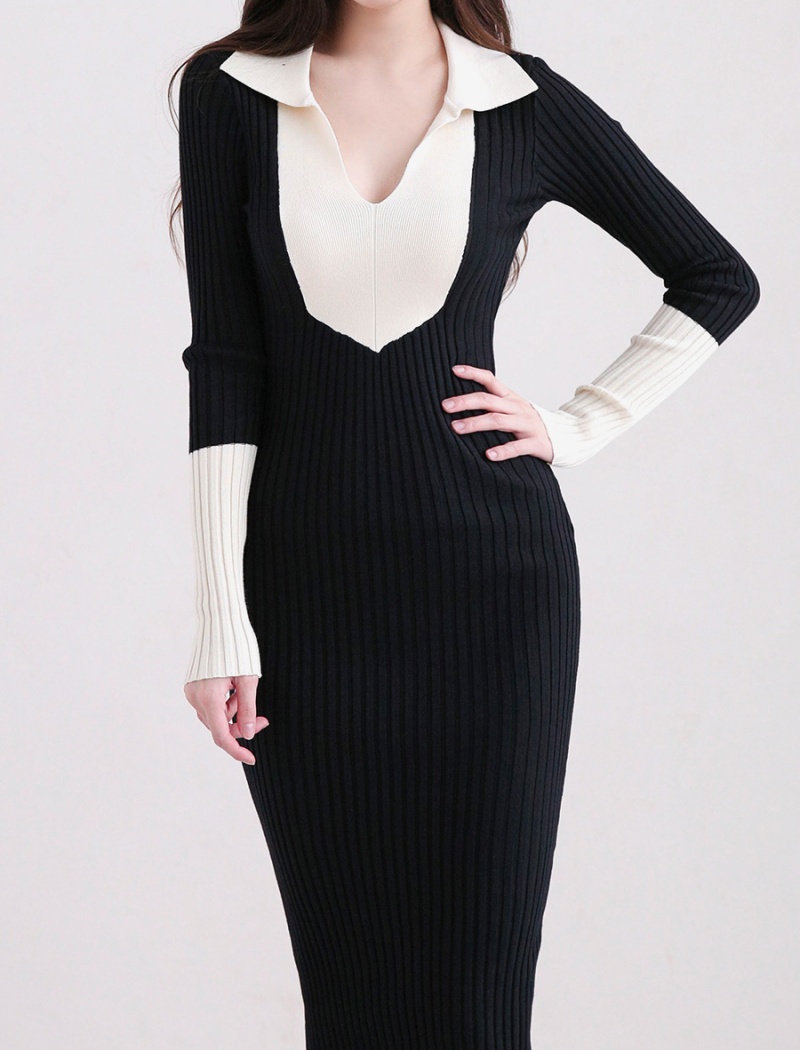 Slim Korean style package hip T-back lapel splice dress