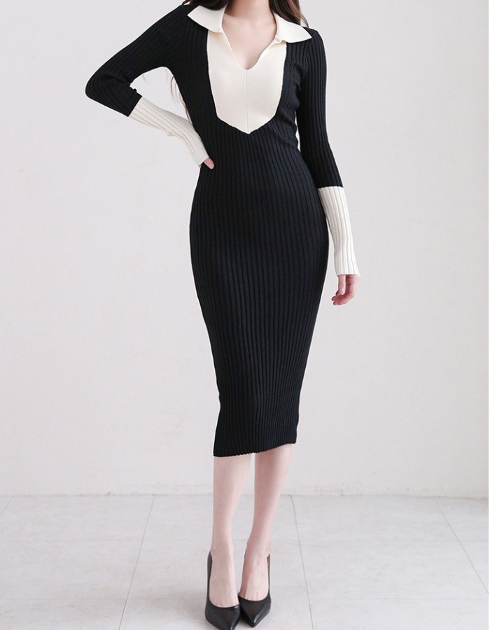 Slim Korean style package hip T-back lapel splice dress