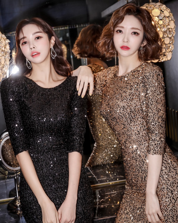 Sexy package hip banquet sequins round neck slim halter dress