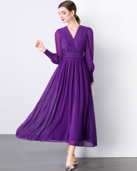 Long sleeve fold purple long dress V-neck elegant dress