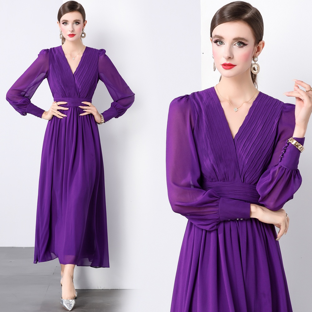 Long sleeve fold purple long dress V-neck elegant dress