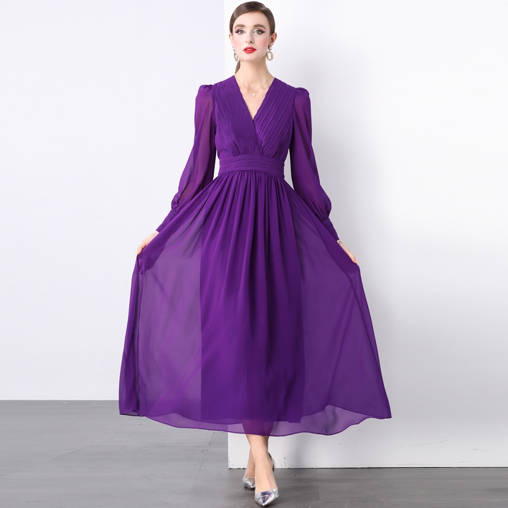 Long sleeve fold purple long dress V-neck elegant dress