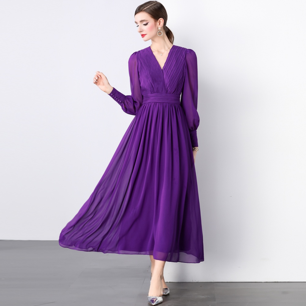 Long sleeve fold purple long dress V-neck elegant dress