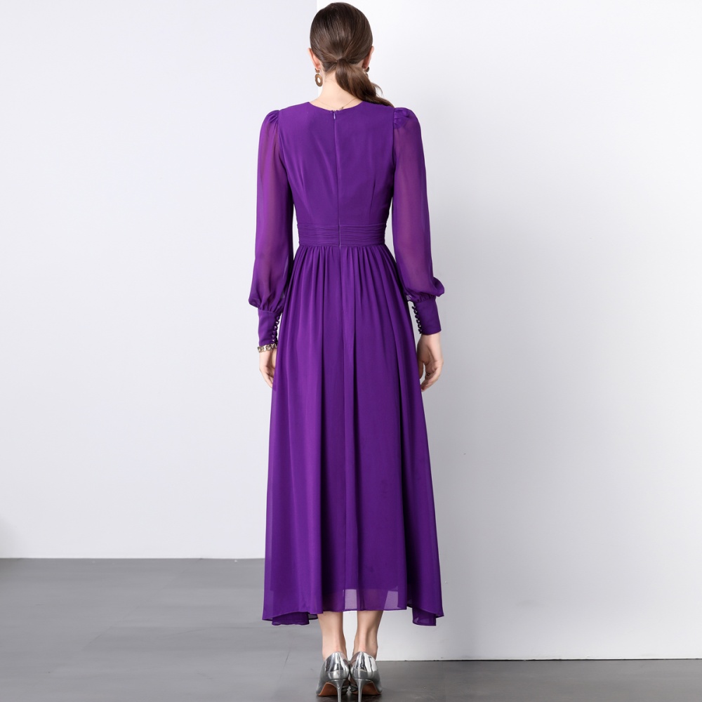 Long sleeve fold purple long dress V-neck elegant dress