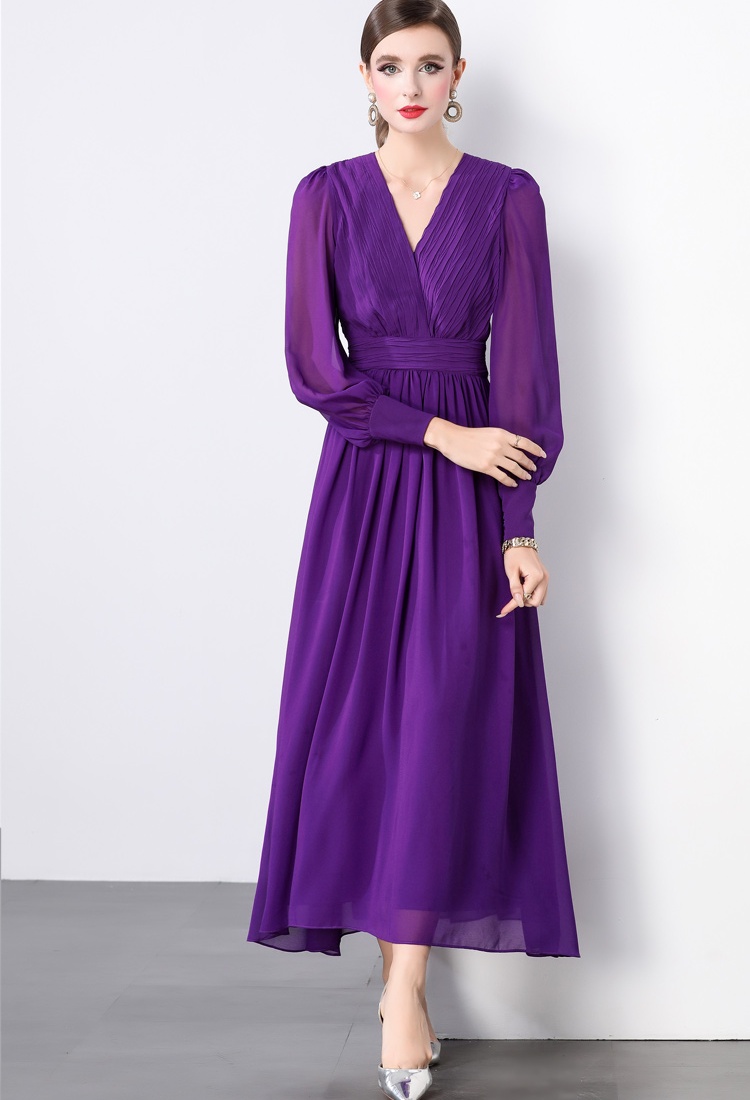 Long sleeve fold purple long dress V-neck elegant dress