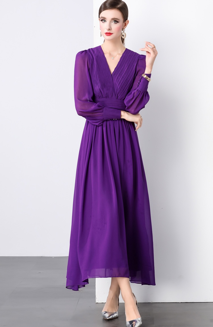 Long sleeve fold purple long dress V-neck elegant dress