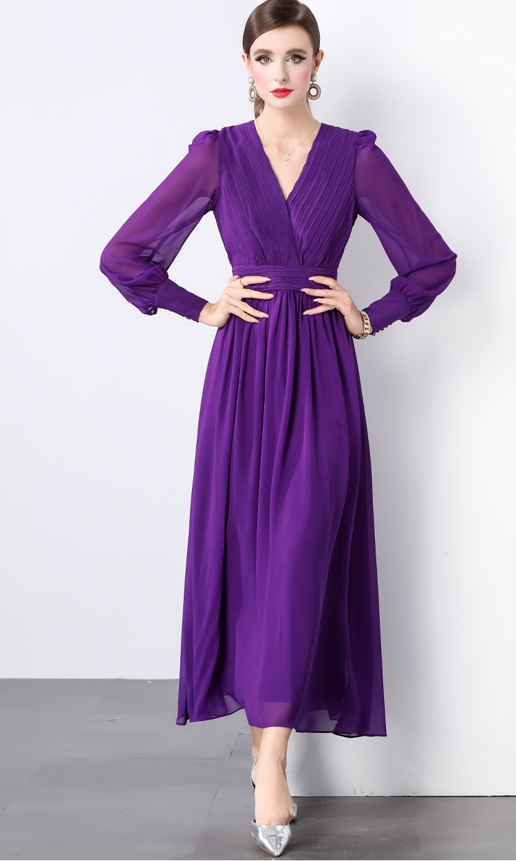 Long sleeve fold purple long dress V-neck elegant dress