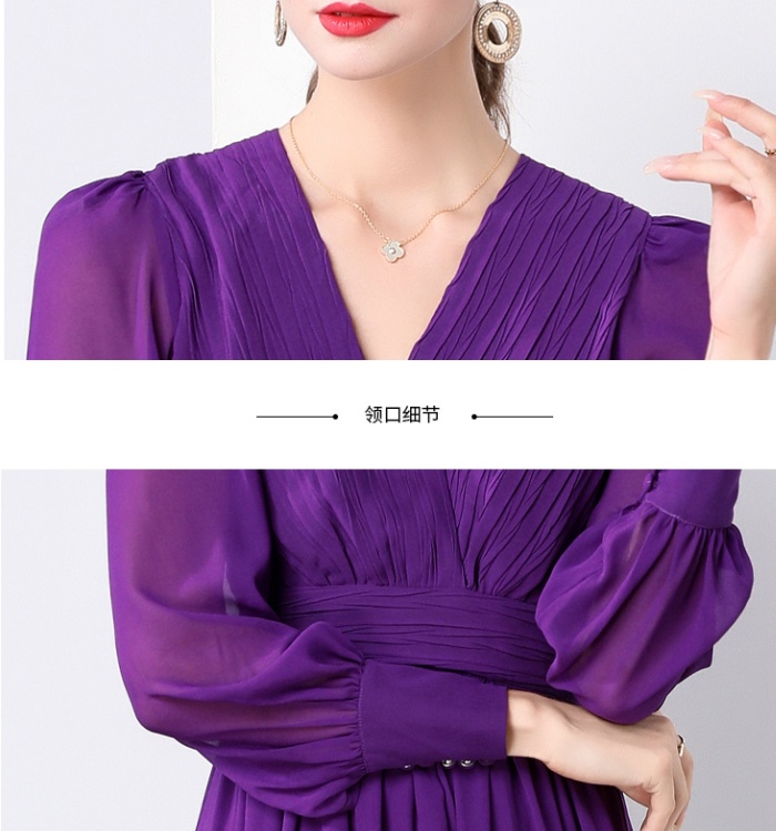 Long sleeve fold purple long dress V-neck elegant dress