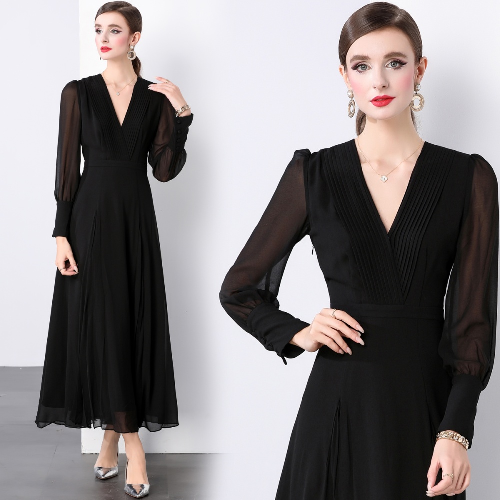 Black fold pinched waist dress V-neck elegant long dress