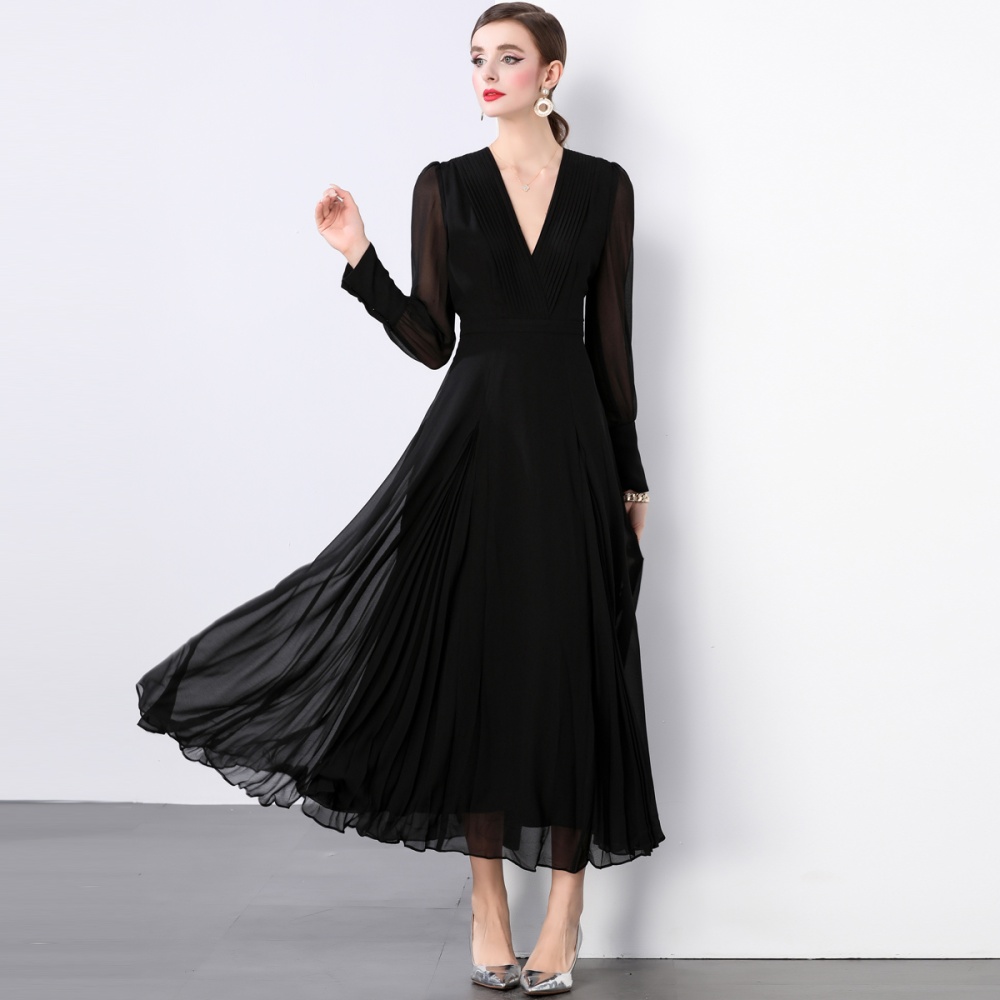 Black fold pinched waist dress V-neck elegant long dress