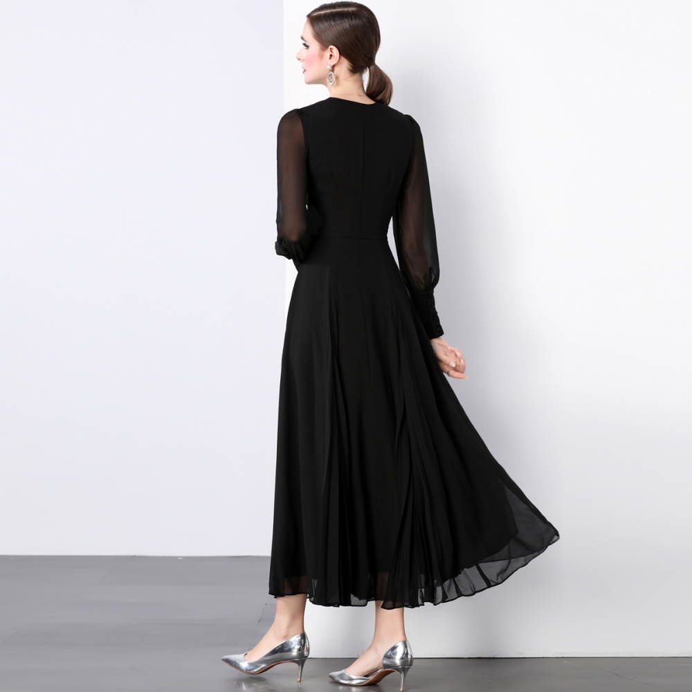 Black fold pinched waist dress V-neck elegant long dress