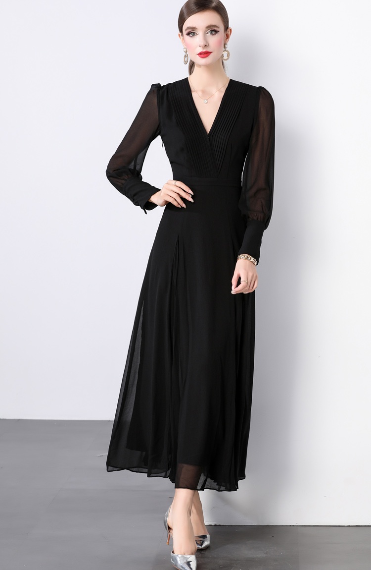 Black fold pinched waist dress V-neck elegant long dress