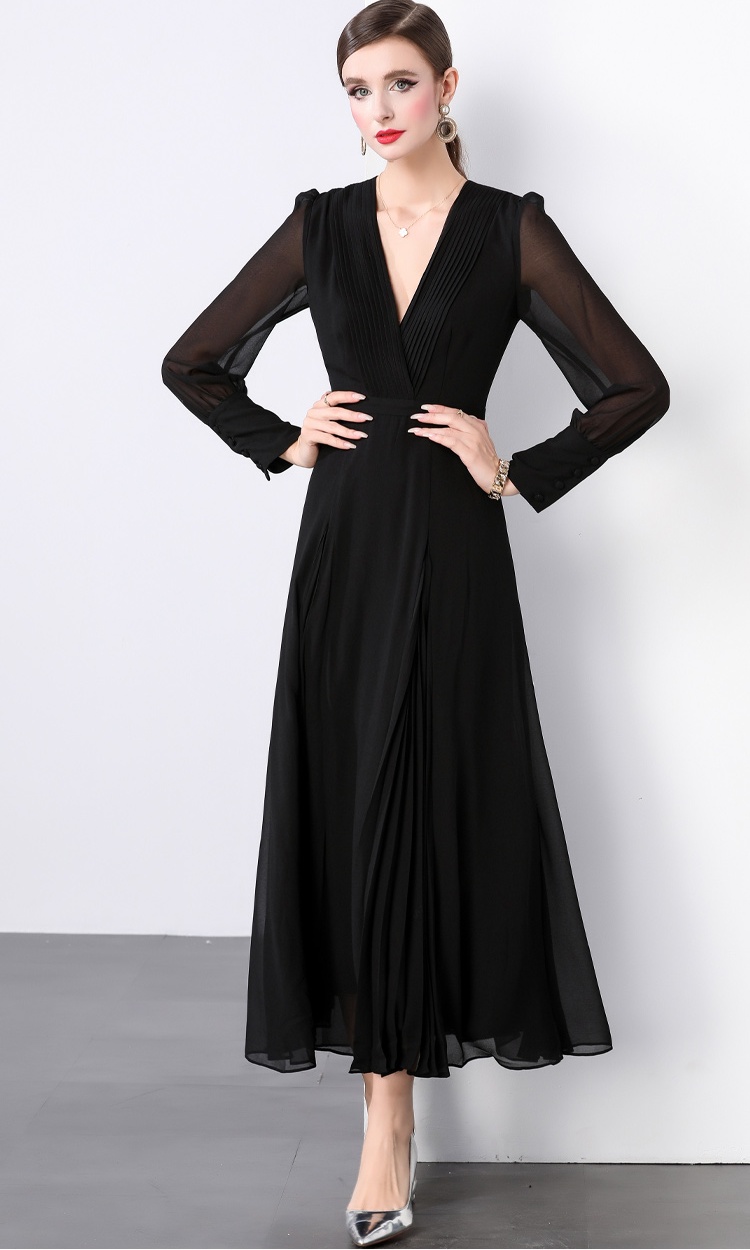 Black fold pinched waist dress V-neck elegant long dress