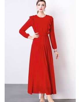 Red pleated long dress European style temperament dress