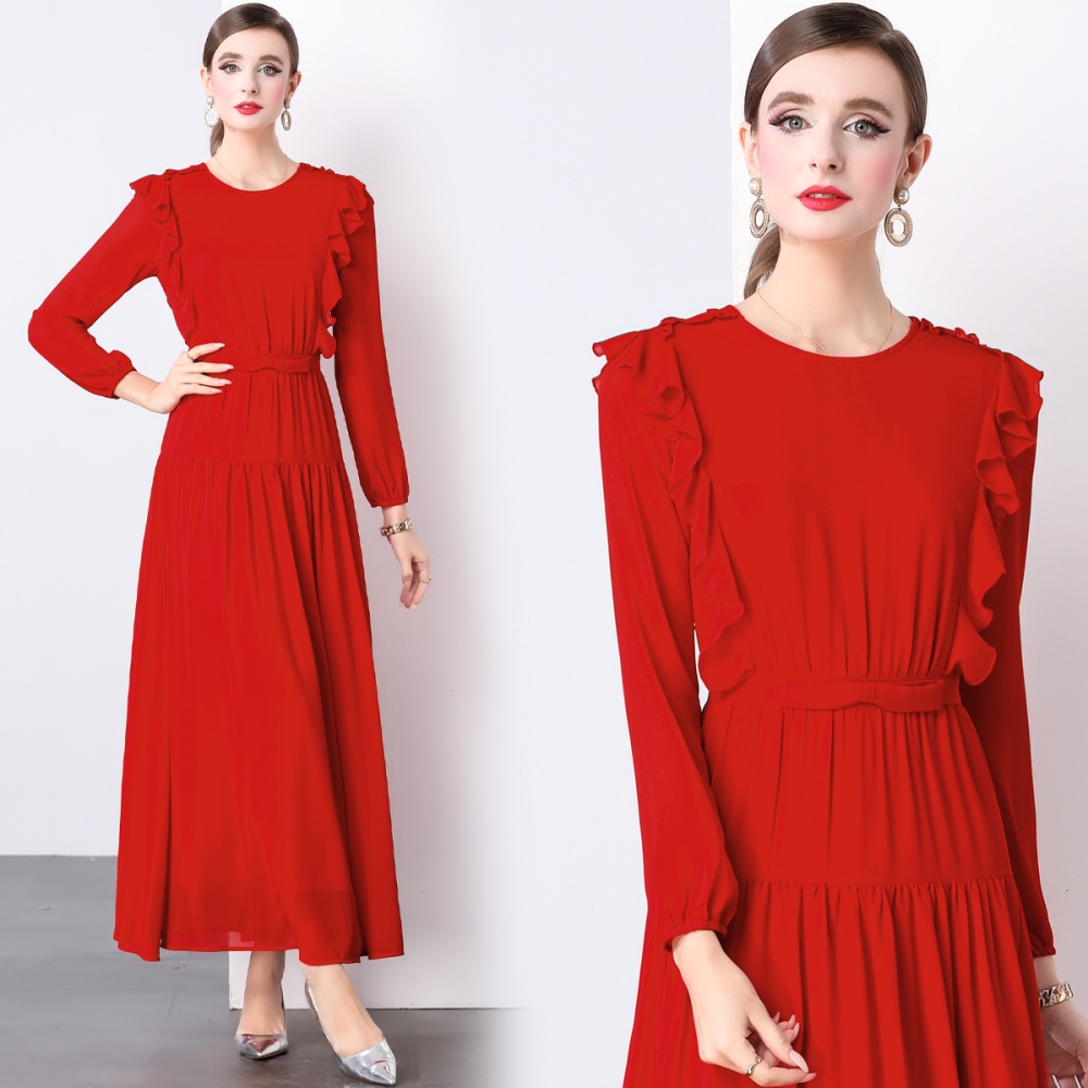 Red pleated long dress European style temperament dress