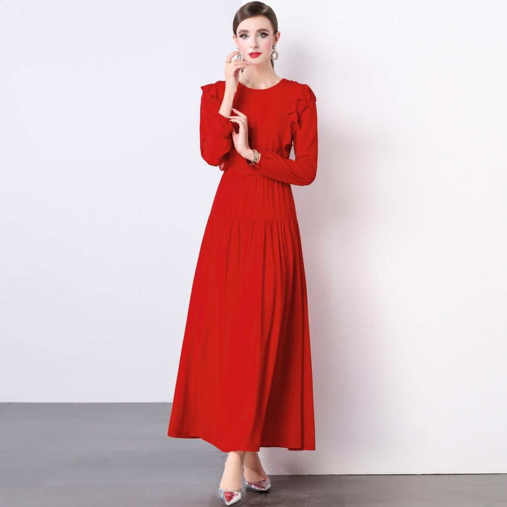 Red pleated long dress European style temperament dress