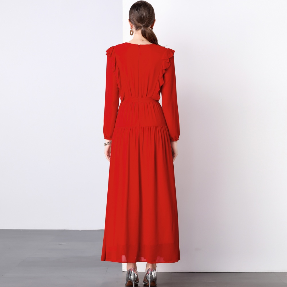 Red pleated long dress European style temperament dress