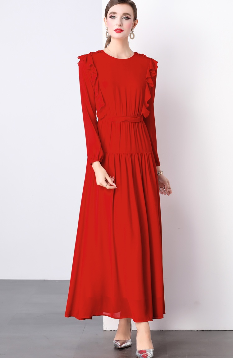 Red pleated long dress European style temperament dress