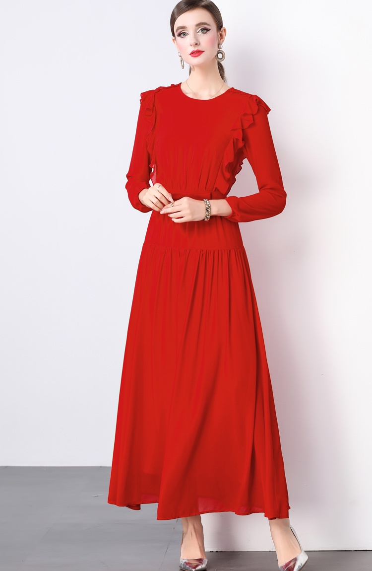 Red pleated long dress European style temperament dress