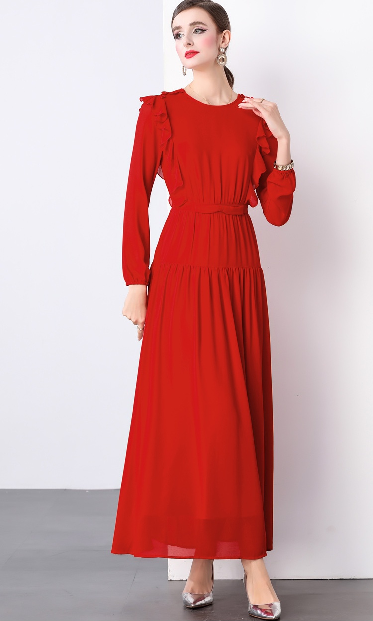 Red pleated long dress European style temperament dress