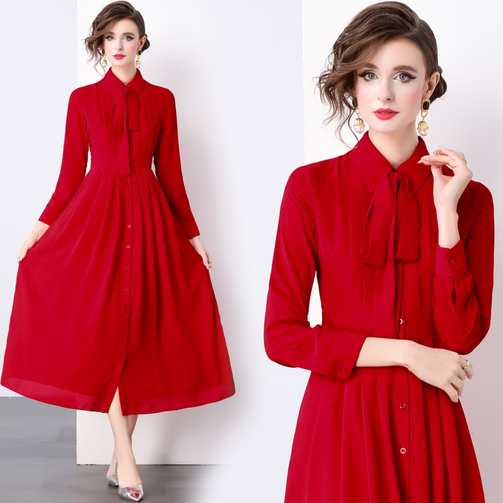 Pleated temperament dress red European style long dress